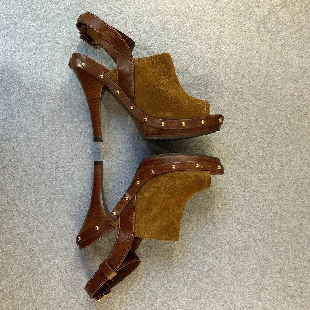Tory Burch Bilson Heeled Clogs Shoes Brown Suede Leather Studded Womens Size 7